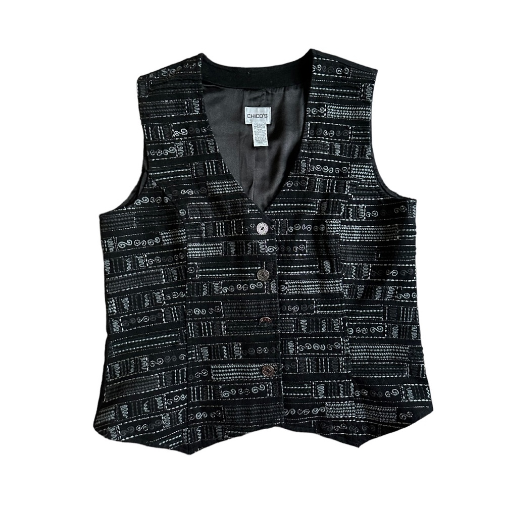Chicos Womens Size Medium Cotton Vest Embroidered Shimmer Lined